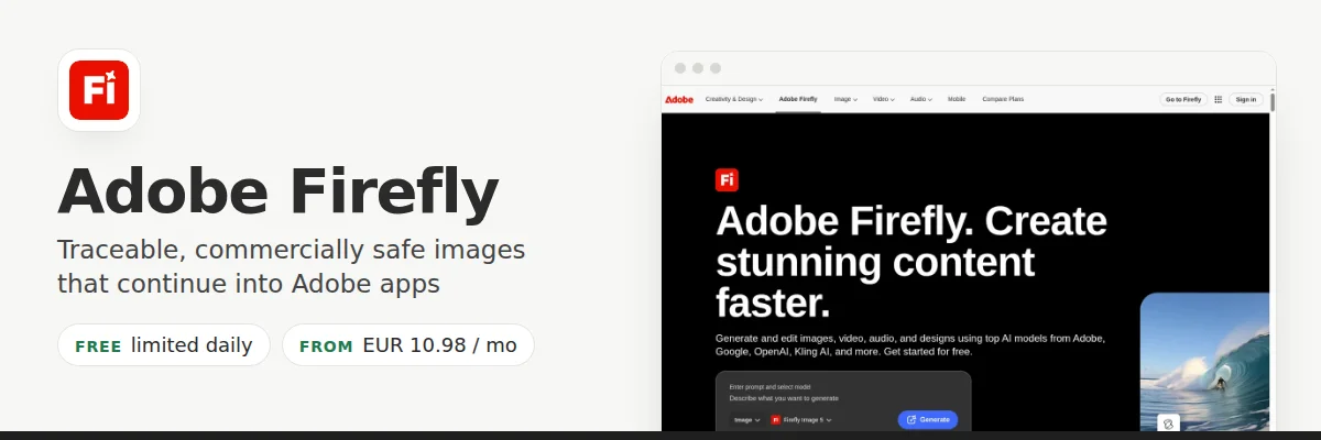 Adobe Firefly: Best when generated images must stay traceable and continue into Photoshop or Adobe Express.