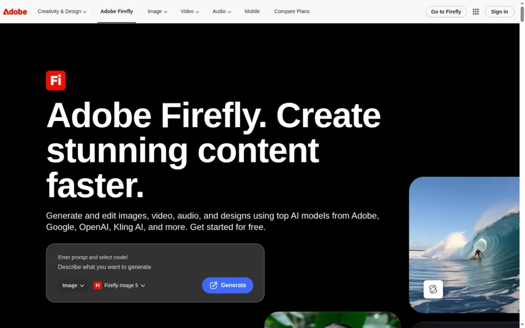 Adobe Firefly homepage screenshot showing the official landing page