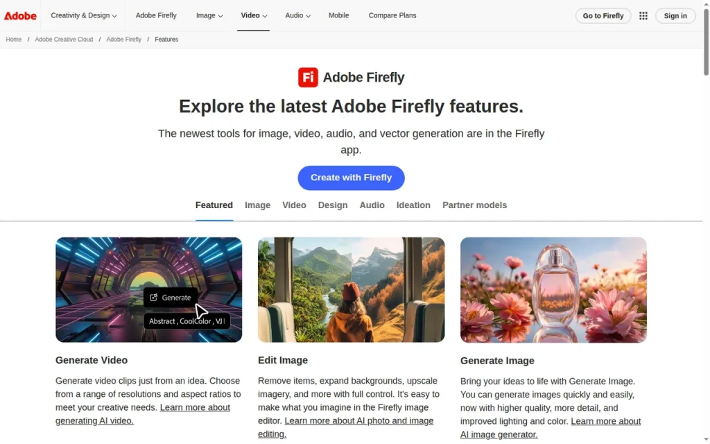 Adobe Firefly features page screenshot showing the product interface