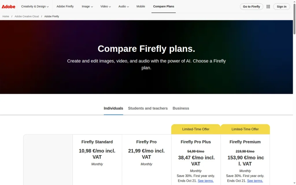 Adobe Firefly official pricing page screenshot with plan names