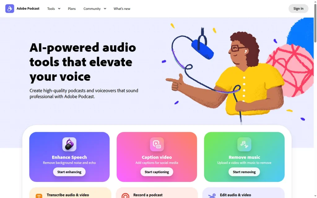Adobe Podcast homepage screenshot showing the official landing page