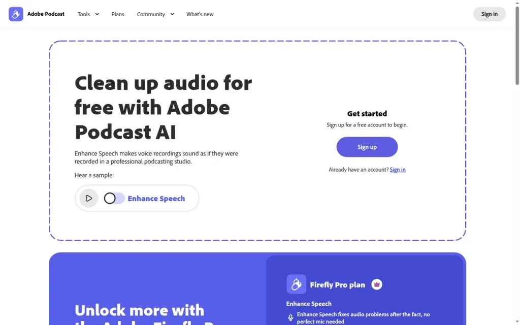 Adobe Podcast features page screenshot showing the product interface