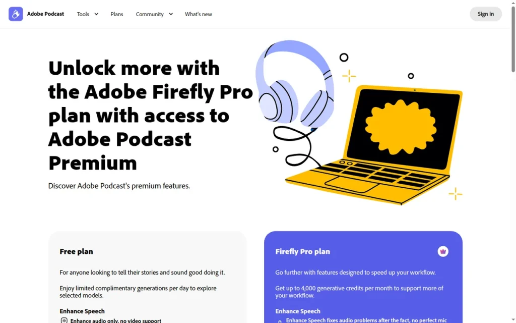 Adobe Podcast official pricing page screenshot with plan names