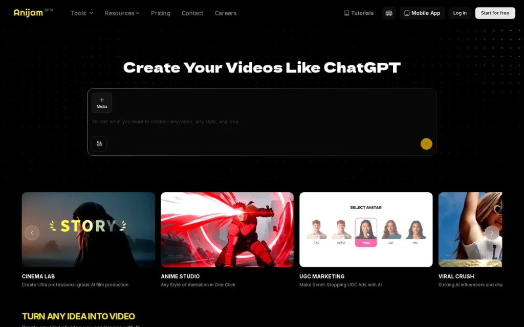 Anijam homepage screenshot showing the official landing page