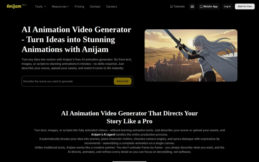 Anijam features page screenshot showing the product interface