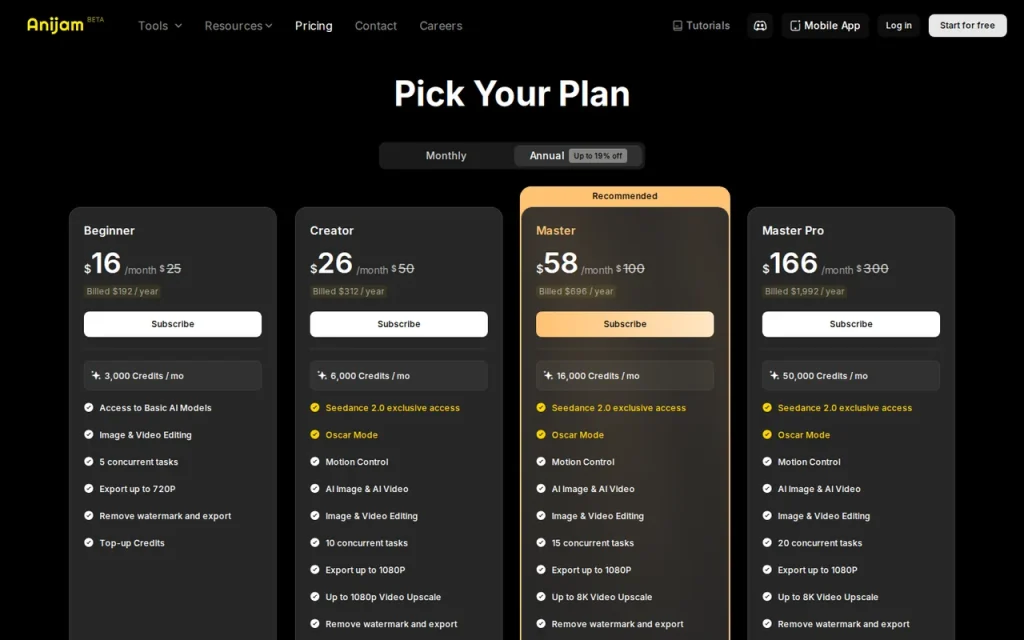 Anijam official pricing page screenshot with plan names