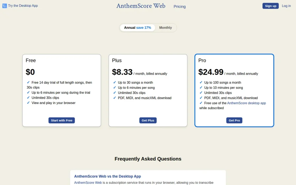 AnthemScore official pricing page screenshot with plan names