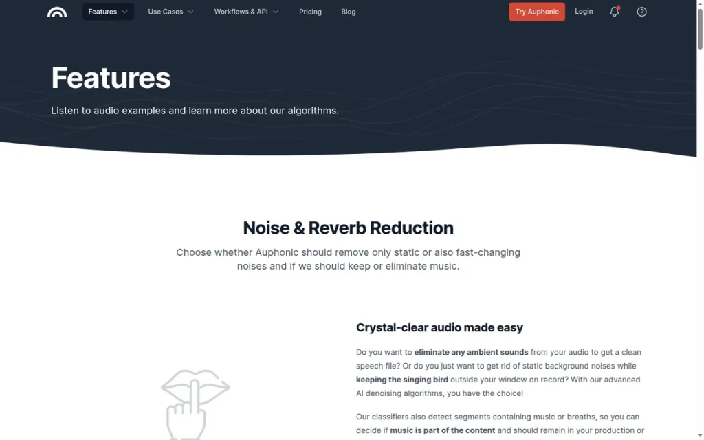 Auphonic features page screenshot showing the product interface