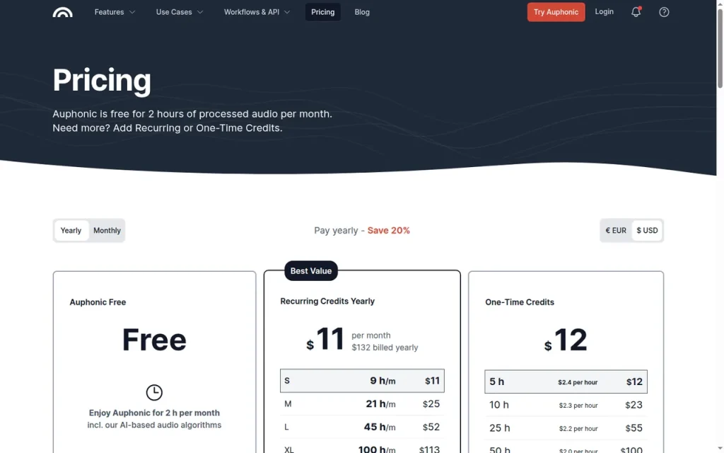 Auphonic official pricing page screenshot with plan names