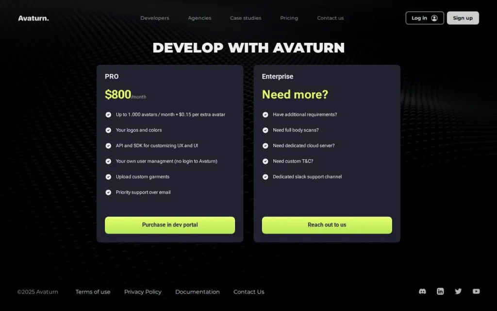 Avaturn official pricing page screenshot with plan names