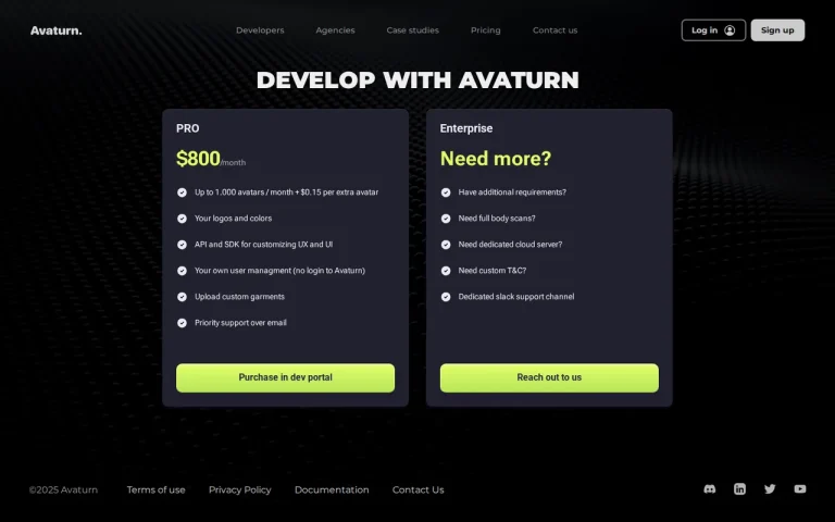 Avaturn official pricing page screenshot with plan names