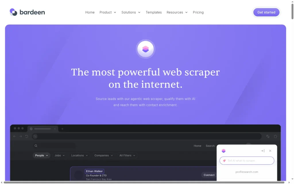 Bardeen features page screenshot showing the product interface