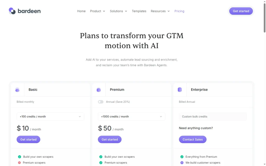 Bardeen official pricing page screenshot with plan names