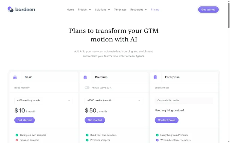 Bardeen official pricing page screenshot with plan names