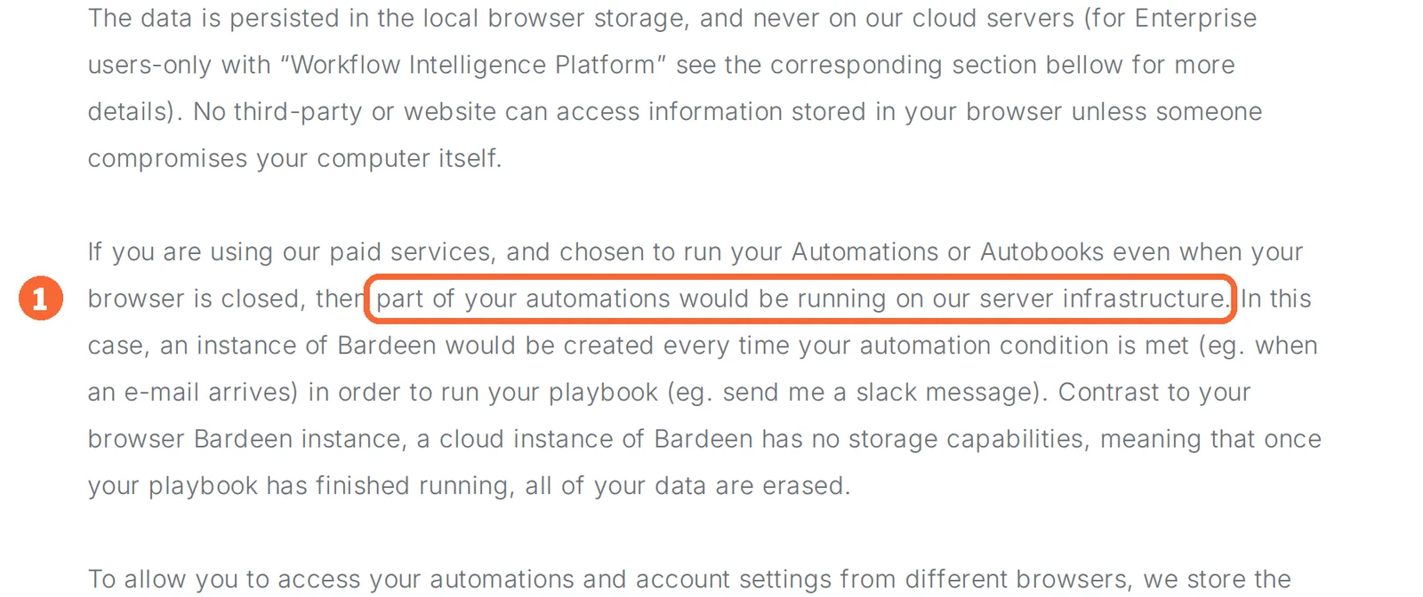 Bardeen security page paragraph on paid automations running partly on Bardeen servers while the browser is closed, marked