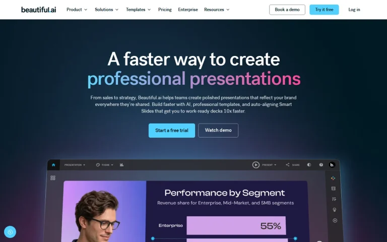 Beautiful.ai homepage screenshot showing the official landing page
