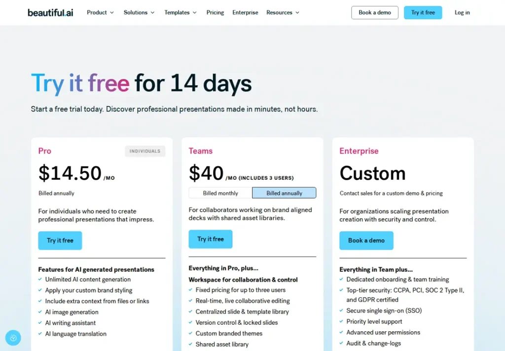Screenshot of the official Beautiful.ai pricing page, September 2026