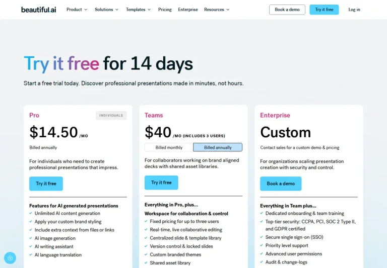 Screenshot of the official Beautiful.ai pricing page, September 2026