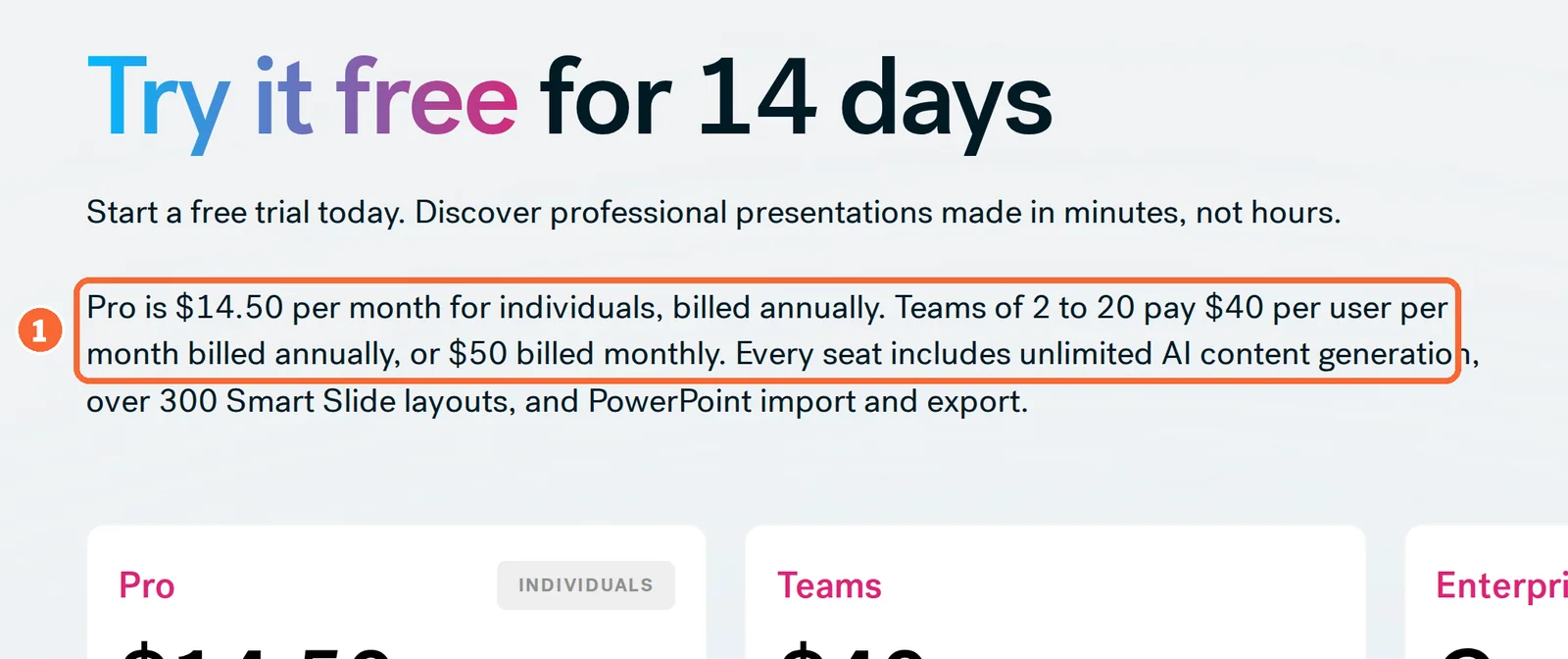 Beautiful.ai pricing page summary with the Team range of 2 to 20 users at $40 annually or $50 monthly marked