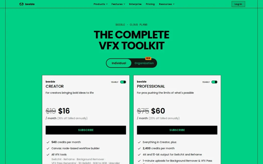 Beeble official pricing page screenshot with plan names