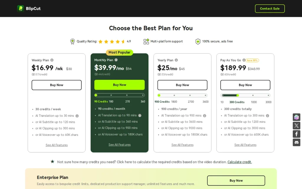BlipCut official pricing page screenshot with plan names