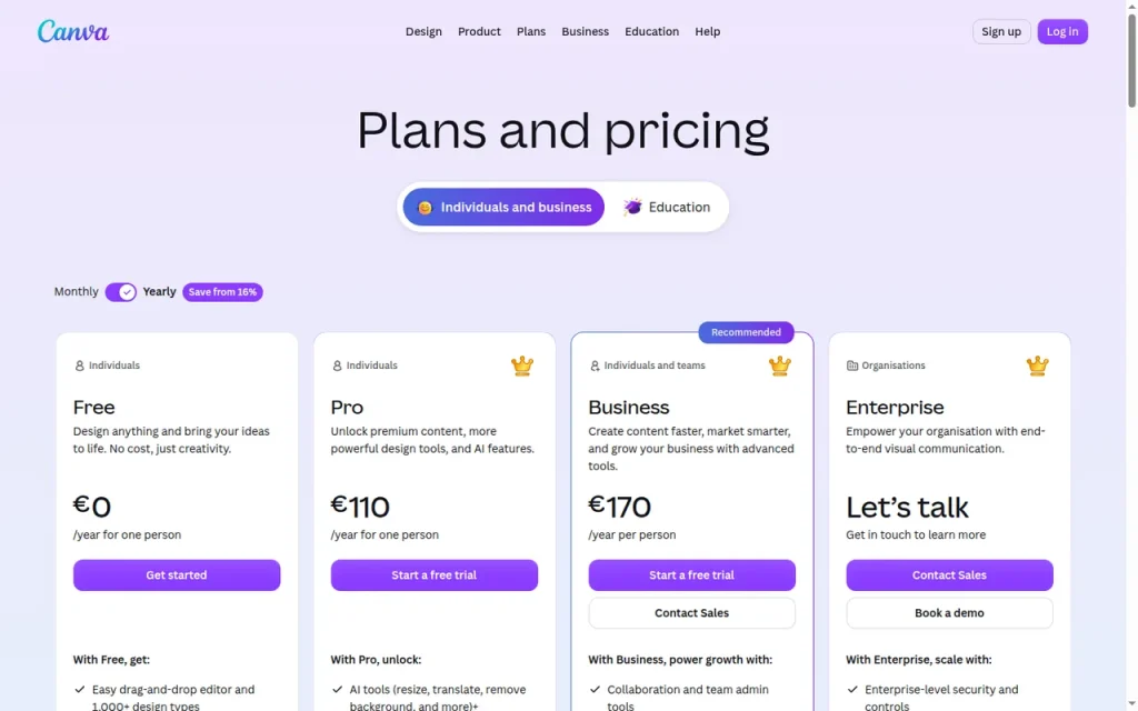 Canva official pricing page screenshot with plan names