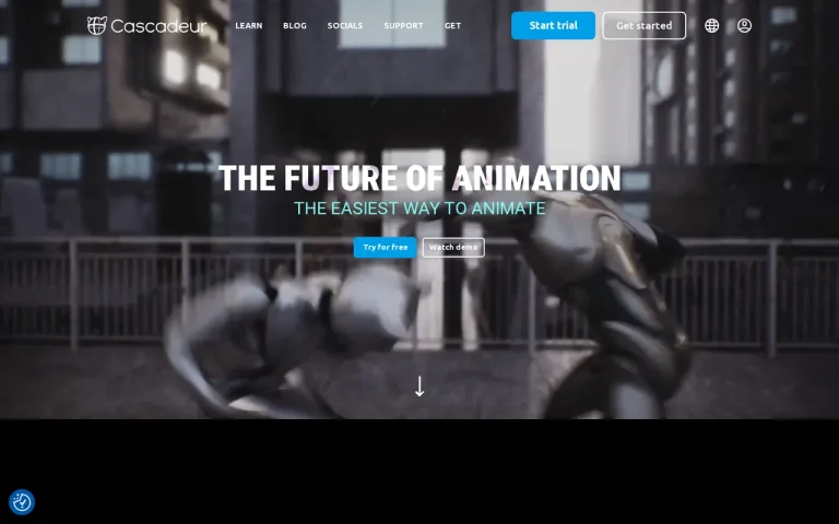 Cascadeur homepage screenshot showing the official landing page