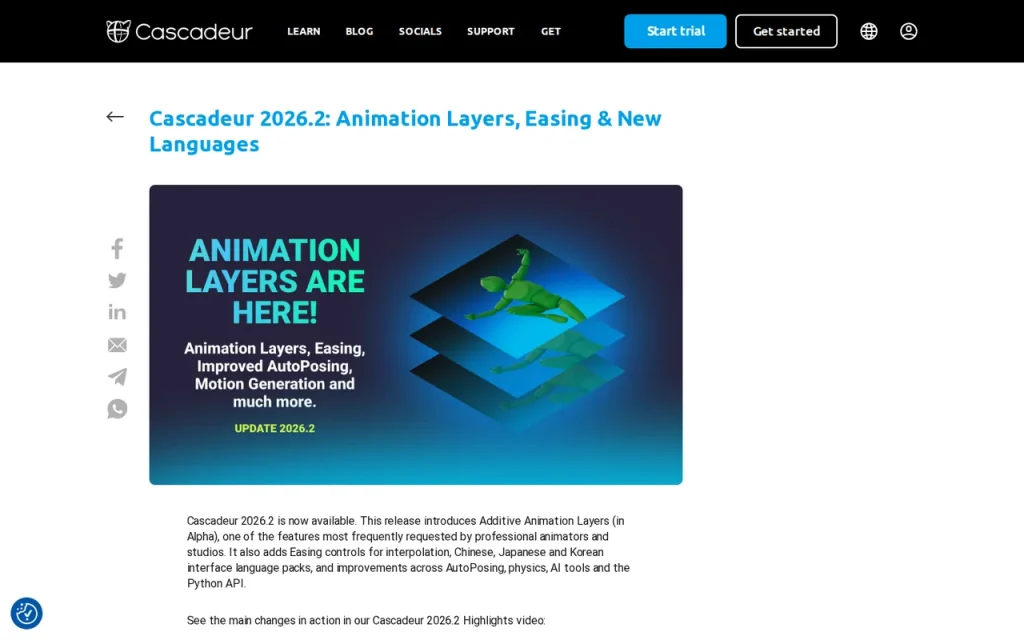 Cascadeur features page screenshot showing the product interface