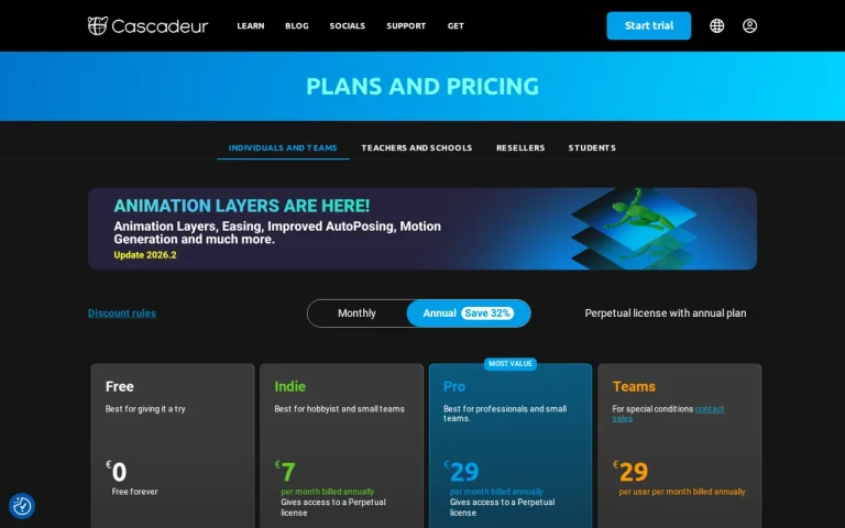 Cascadeur official pricing page screenshot with plan names