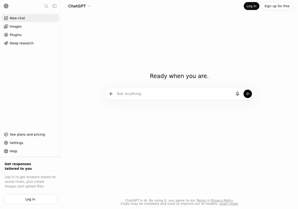 Screenshot of the signed-out ChatGPT interface, captured September 2026