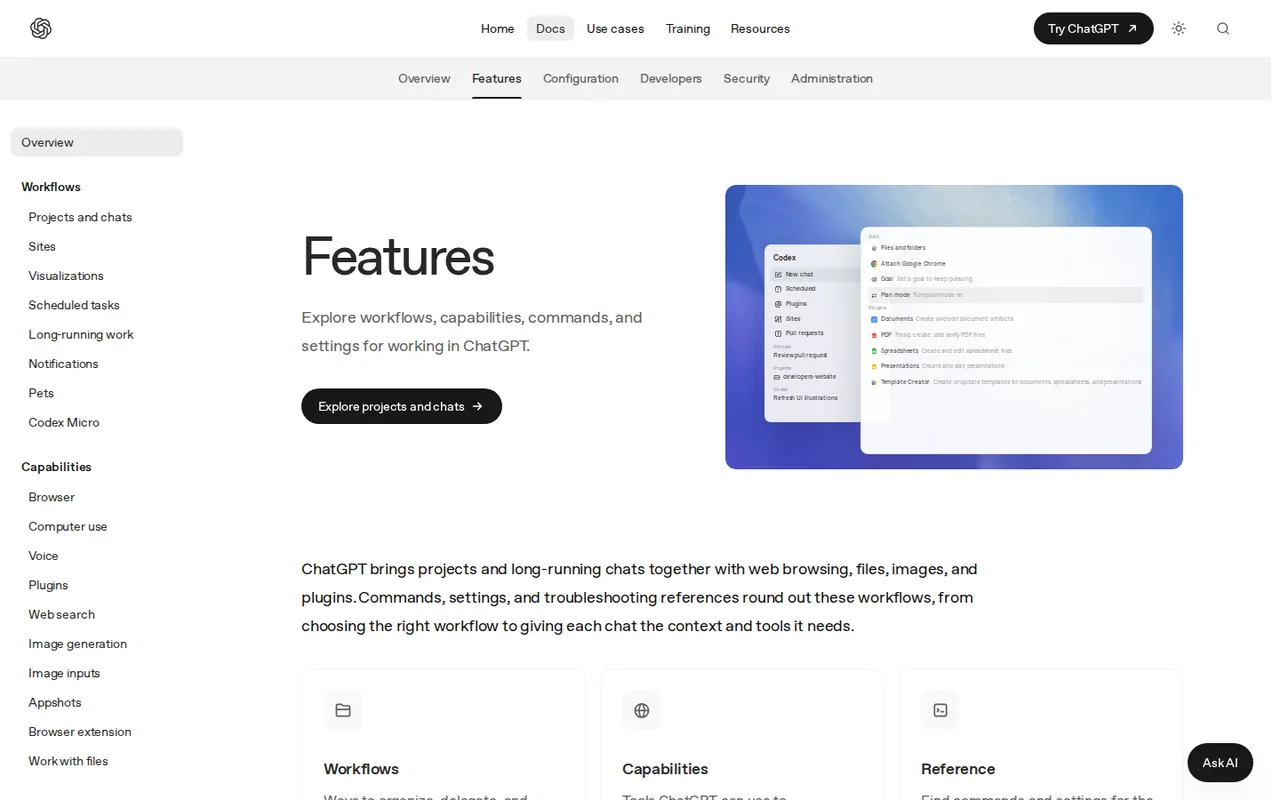 ChatGPT official features page showing the product interface
