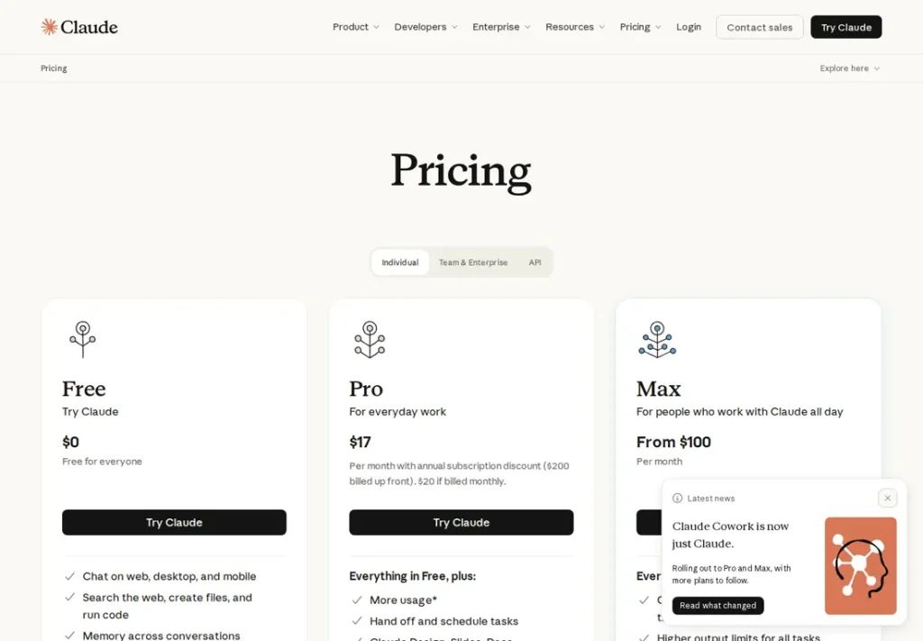 Screenshot of the official Claude pricing page, September 2026
