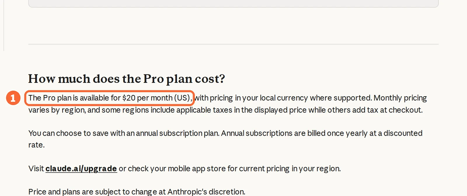 Claude Help Center Pro plan article with the US price of $20 per month marked