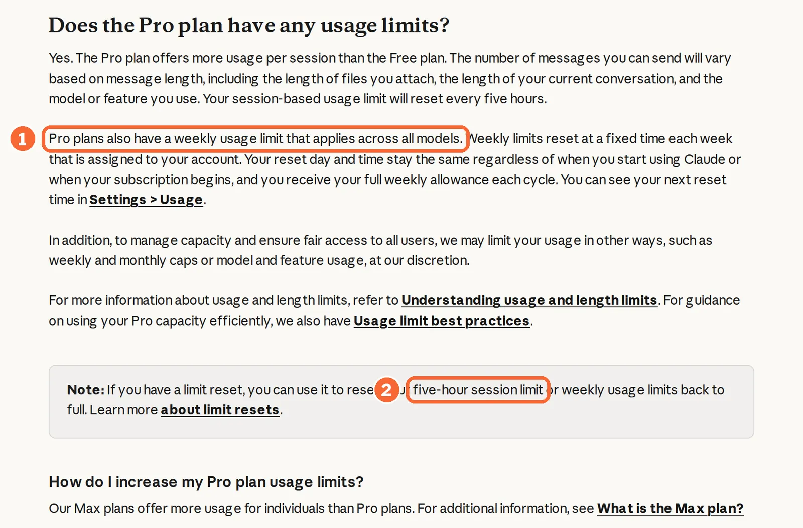 Claude Pro plan article with the weekly usage limit sentence and the five-hour session limit note marked