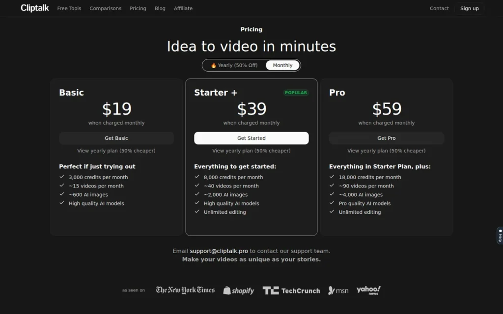 Cliptalk official pricing page screenshot with plan names