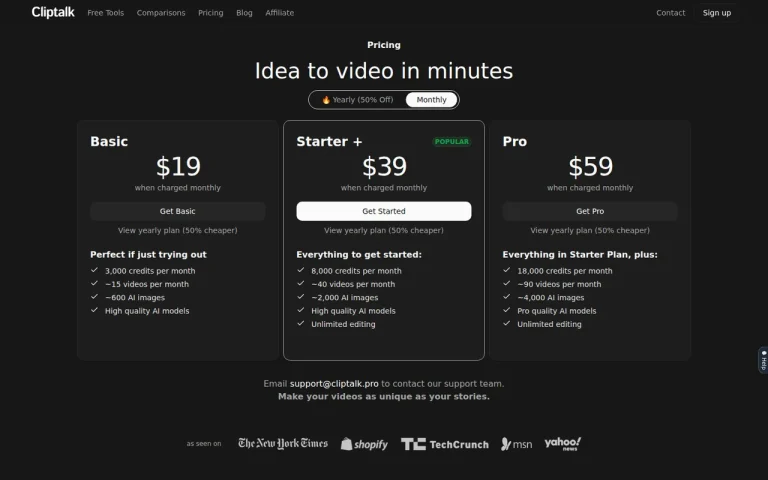 Cliptalk official pricing page screenshot with plan names