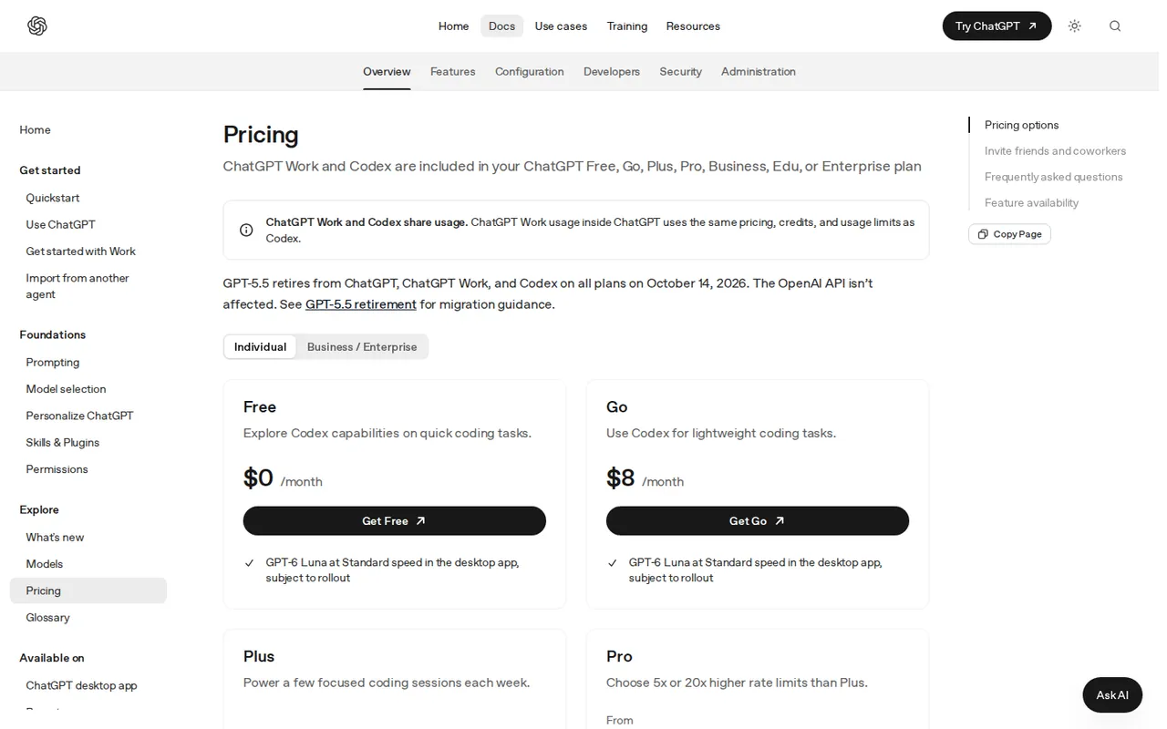 OpenAI Codex pricing documentation announcing the GPT-5.5 change above the Free and Go plan cards