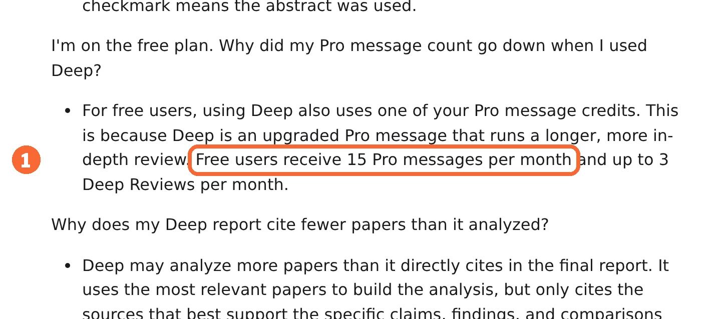 Consensus Help Center Deep review FAQ with the sentence that free users receive 15 Pro messages per month marked