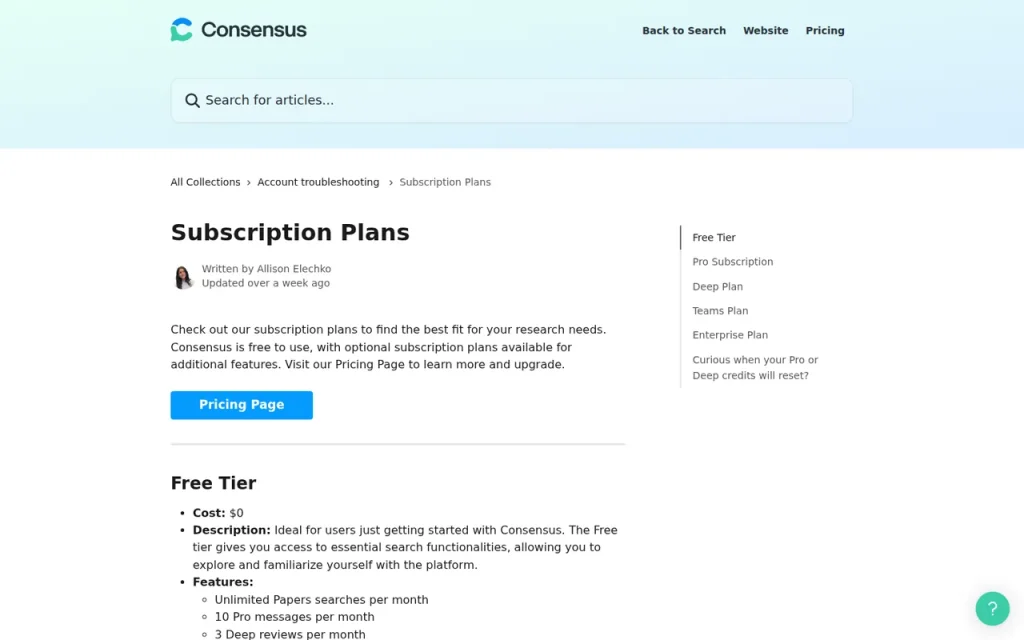 Consensus official pricing page screenshot with plan names