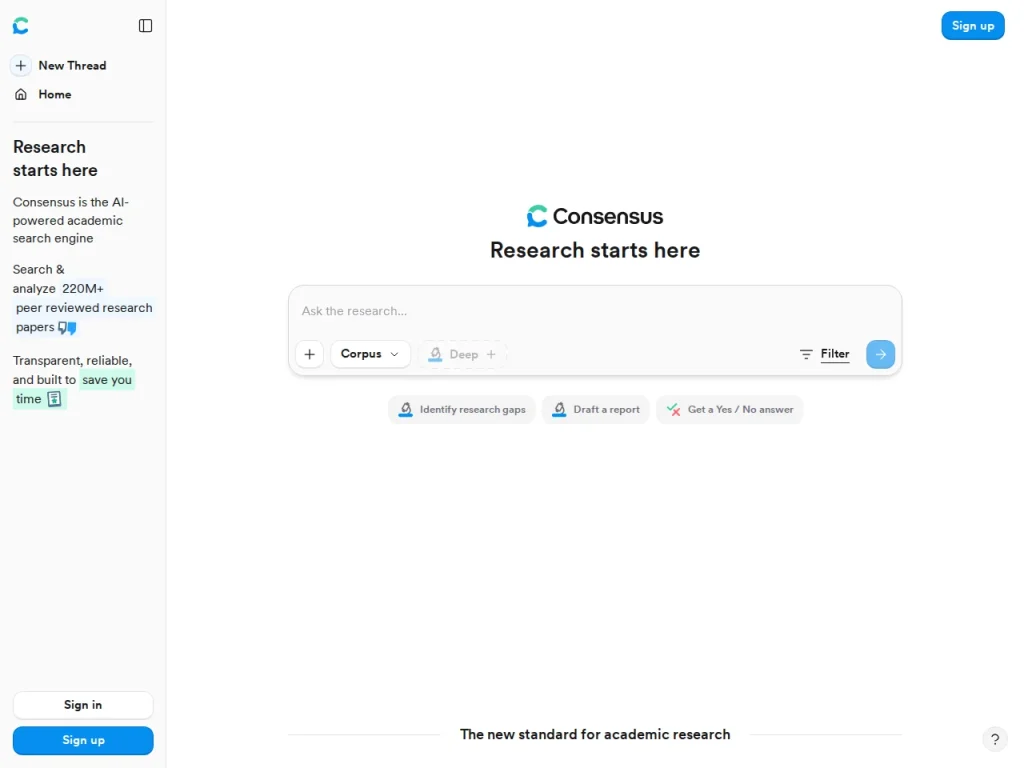 Consensus public research search interface before entering a query