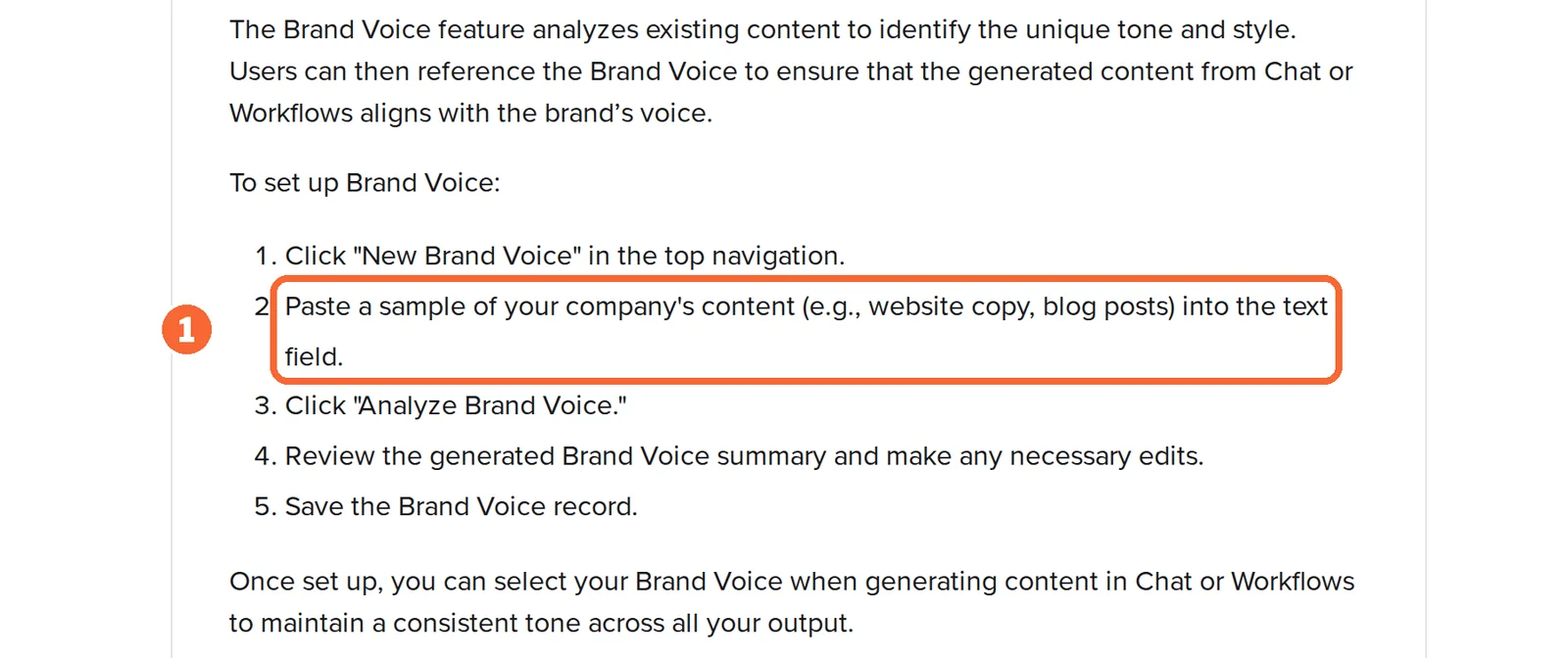 Copy.ai platform overview Brand Voice setup steps with the paste-a-sample step marked