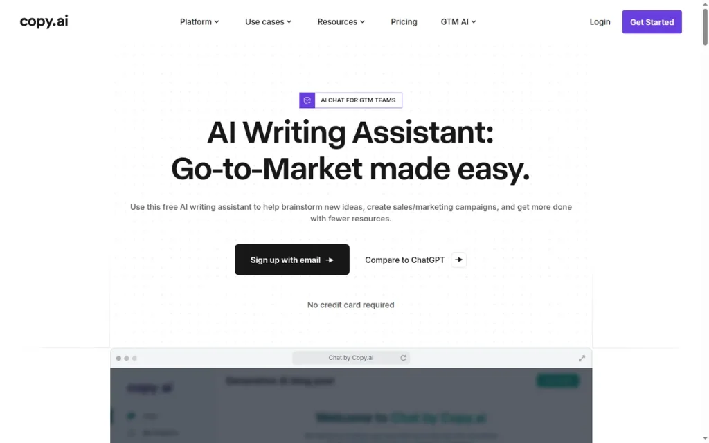 Copy.ai features page screenshot showing the product interface