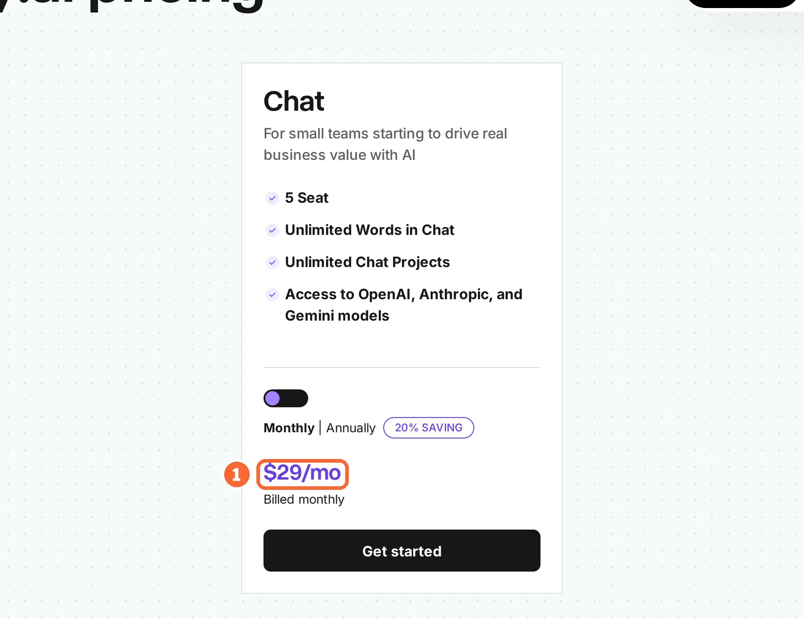Copy.ai pricing page Chat plan card with the monthly price marked