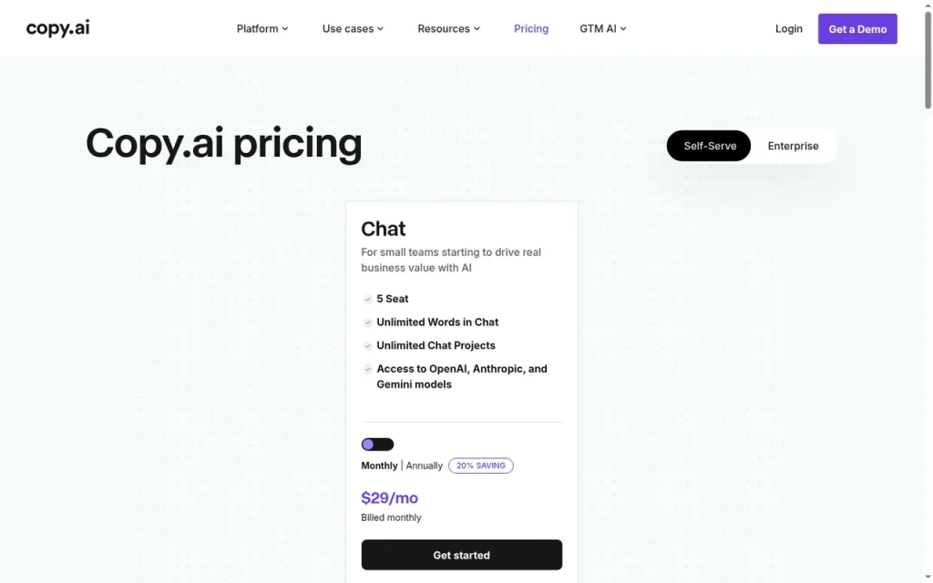 Copy.ai official pricing page screenshot with plan names