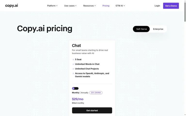 Copy.ai official pricing page screenshot with plan names