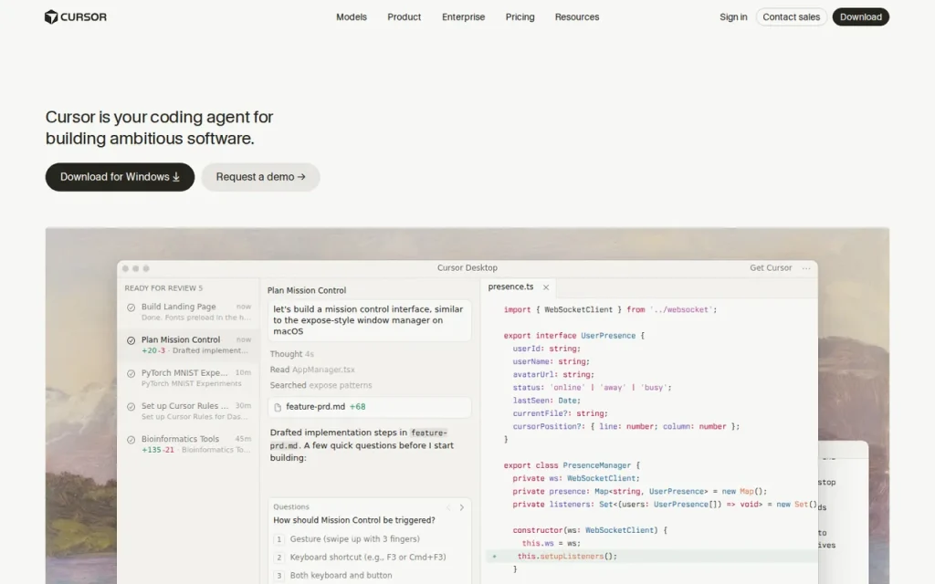 Cursor homepage screenshot showing the official landing page