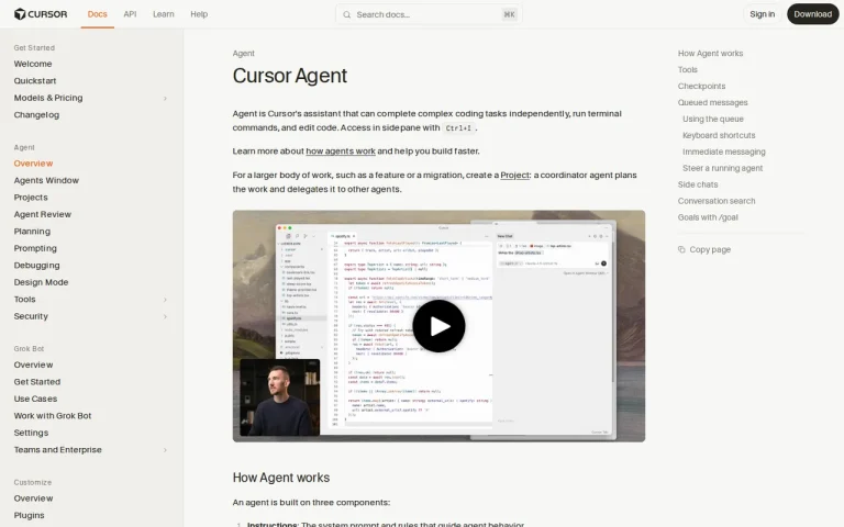 Cursor features page screenshot showing the product interface