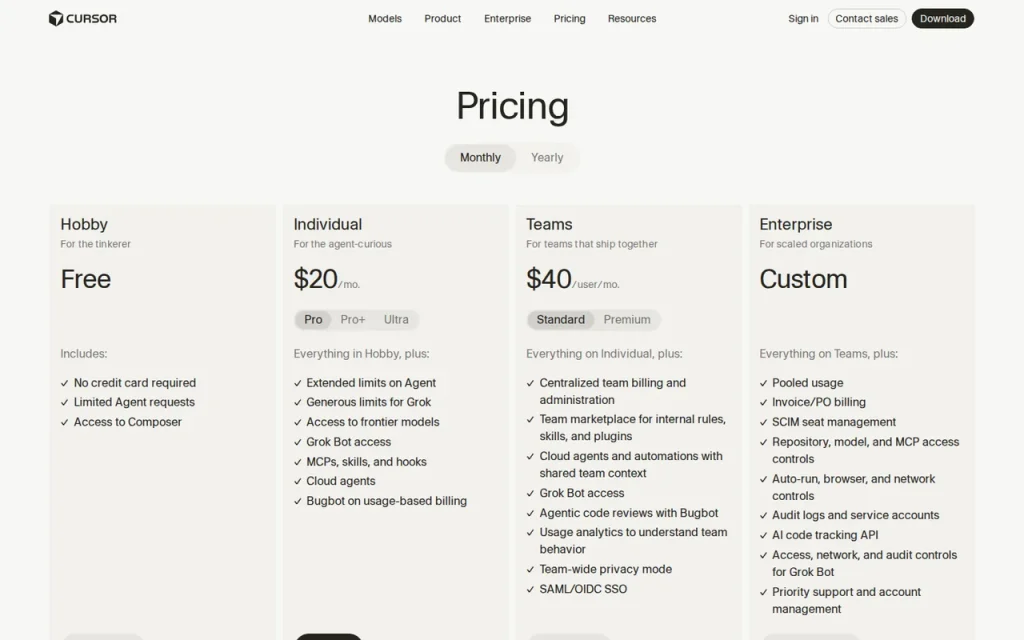 Cursor official pricing page screenshot with plan names