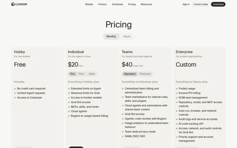 Cursor official pricing page screenshot with plan names