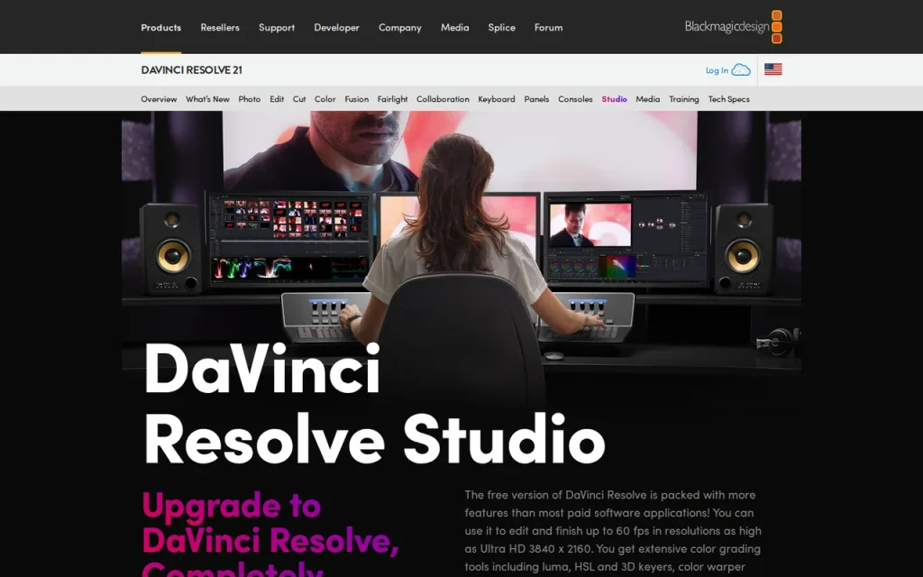 DaVinci Resolve features page screenshot showing the product interface